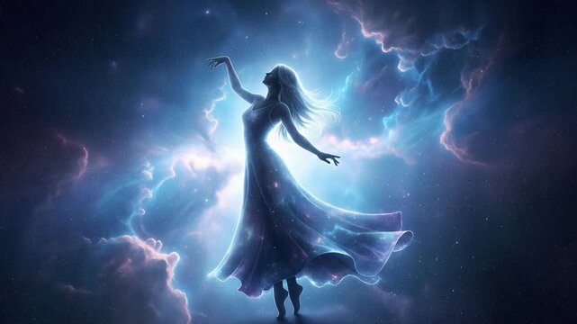 Celestial Ballet: Ethereal Goddess Dancing Gracefully in a Luminous Cosmic Nebula Storm
