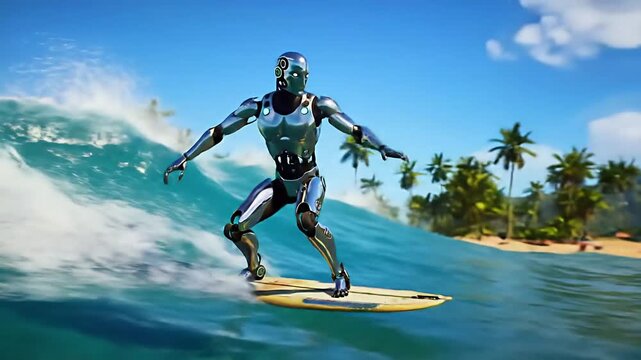 A futuristic chrome robot skillfully surfs a large ocean wave near a tropical island paradise. - Powered by Adobe