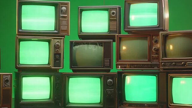 A collection of vintage televisions stacked against a green backdrop, showcasing retro design