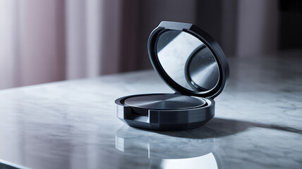 Open compact mirror with dark powder on a marble surface