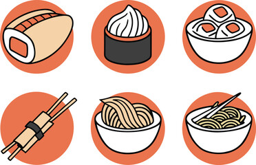Collection of stylized Japanese food icons: sushi, noodles, and chopsticks vector Illustration