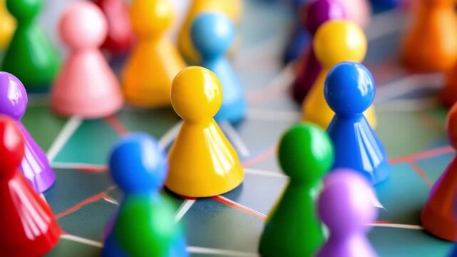 Colorful pawns on a board representing diversity, inclusion, and teamwork in a playful and engaging way