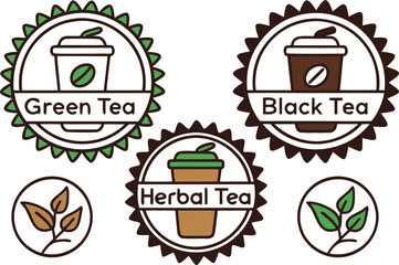 Collection of Tea Badges: Green, Black, and Herbal Tea Icons vector Illustration