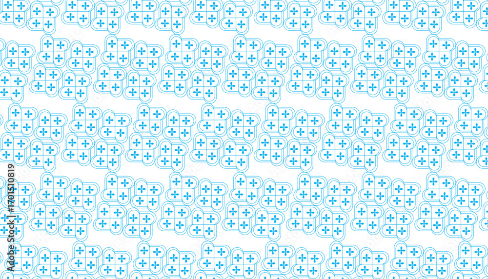 Poster blue geometric pattern of interconnected plus signs and rounded squares on white seamless