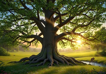 Serene Old Oak Tree with Deer at Sunset