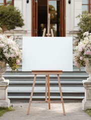 Wooden easel displays a blank white canvas outdoors, framed by floral arrangements and a building entrance.