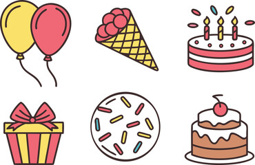 Festive Birthday Icons: Balloons, Cakes, Ice Cream, and Gift Box vector Illustration