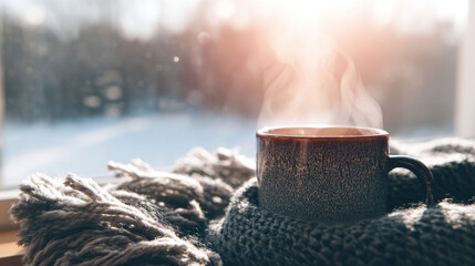 Winter Self-Care Rituals, enjoying a hot drink by the window, wrapped in warmth and natural winter sunlight.