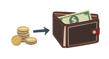 Coins Moving into Wallet Illustration with Cash and Coins on White Background