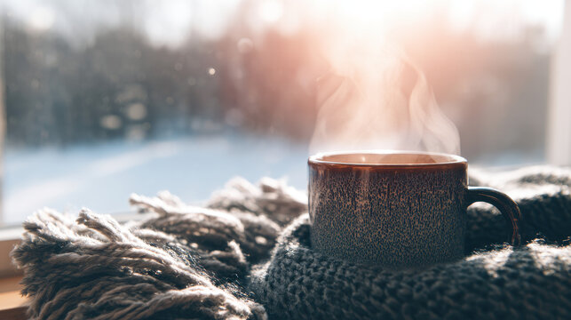 Winter Self-Care Rituals, enjoying a hot drink by the window, wrapped in warmth and natural winter sunlight.