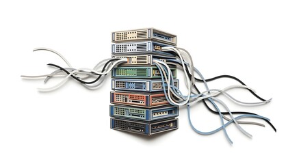 Stack of Network Servers with Cables in White Background