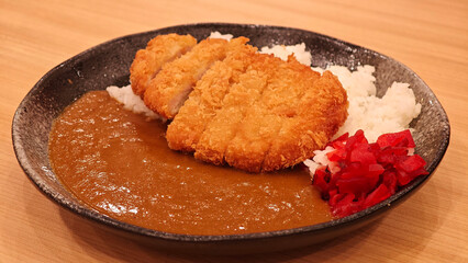 Curry rice with tonkatsu cutlet. Japanese food.