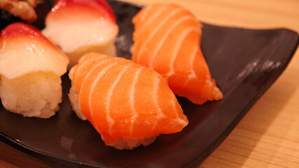 Sushi. Salom, Hokkigai, Ikura and Foie gras.
