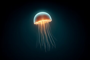 A bioluminescent jellyfish floating gracefully in the dark ocean depths, its glowing tendrils illuminating the surrounding water