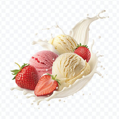 realistic creamy vanilla and strawberry ice cream scoops with milk splash isolated on transparent background