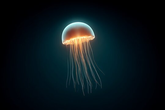 A bioluminescent jellyfish floating gracefully in the dark ocean depths, its glowing tendrils illuminating the surrounding water