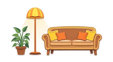 Cozy Living Room Sofa with Orange and Yellow Cushions Next to Potted Plant and Floor Lamp