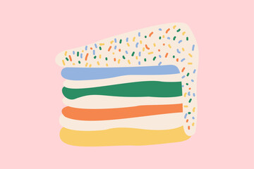 Hand drawn vector illustration of colorful layered cake slice with cream and sprinkles, cartoon dessert icon on pink background