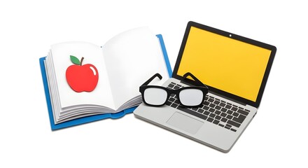 Open Book with Apple Illustration Laptop and Glasses on White Background