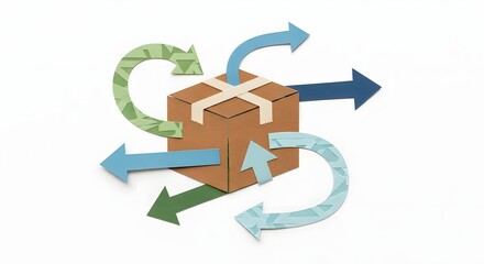 Abstract Cardboard Box with Colorful Arrows Representing Logistics and Distribution