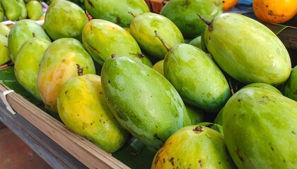 A close-up view of fresh, vibrant green and yellow mangoes piled high in a wooden crate, showcasing their varied tones and textures.