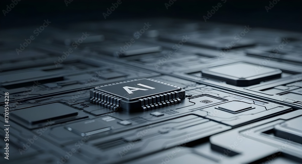 Fototapete 3d rendering of ai cpu chip on circuit board. technology concept.