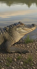 Fototapeta premium Detailed illustration of an American Alligator resting on a rocky riverbank with calm water reflections and green grass, showcasing its scaly texture and serene natural habitat.