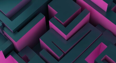 Abstract 3D geometric background with a dark teal maze and glowing pink neon light.