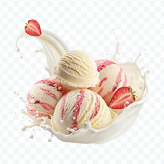 realistic creamy vanilla and strawberry ice cream scoops with milk splash isolated on transparent background