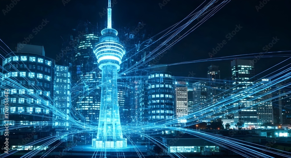 Poster future city and wireless communication network concept. 3d rendering double exposure