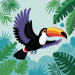 Fototapeta premium Flying Toucan in Tropical Jungle Illustration
