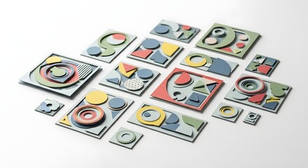Colorful Geometric Puzzle Pieces Arranged on White Surface in Modern Abstract Style