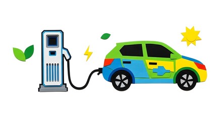 Colorful Eco Friendly Electric Car Charging Station with Solar Sun and Green Leaves in Bright Illustration