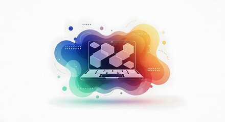 Digital Technology Illustration of Laptop Computer with Blockchain Icons in Colorful Abstract Background