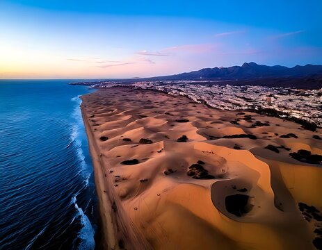 Aerial view of coastal dunes at sunset - Powered by Adobe