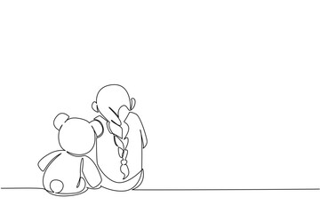 Continuous one line drawing girl sitting bowed on the floor accompanied by teddy bear. Sadness makes the uncomfortable. Childhood Depression Awareness Day. Single line draw design vector illustration