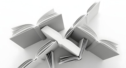 White Blank Open Books Arrangement on White Background for Reading or Education