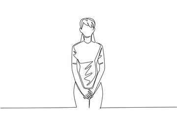 Single one line drawing woman holds her vital parts with both hands. Increased frequency of urination. Recognize the symptoms. Bladder Cancer Awareness Day. Continuous line design graphic illustration