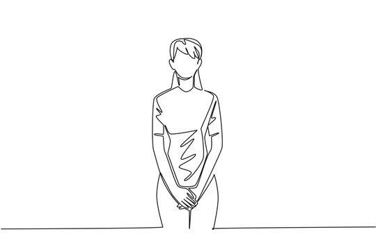 Single one line drawing woman holds her vital parts with both hands. Increased frequency of urination. Recognize the symptoms. Bladder Cancer Awareness Day. Continuous line design graphic illustration