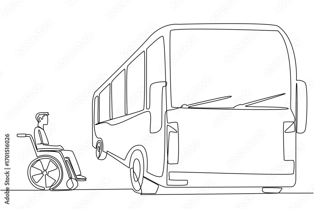 Poster continuous one line drawing man sits in a wheelchair next to the bus and looks at the bus. buses are