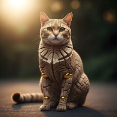 Cute cat sitting on the ground at sunset. Vintage style.