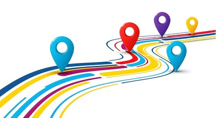 Colorful Map Markers on Dynamic Curved Lines in White Background