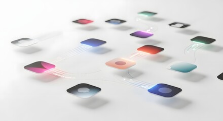 Futuristic Digital Interface with Colorful Nodes and Connecting Lines on White Background