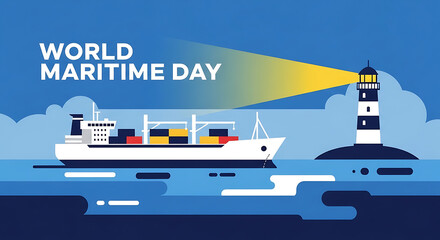 Fototapeta premium World Maritime Day illustration with cargo ship and lighthouse on blue background.