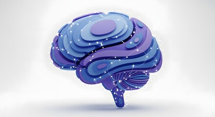 Digital Illustration of a Brain with Neural Network Connections in Blue and Purple Tones for Technology and AI Concept