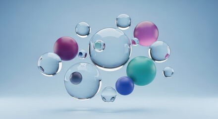 Abstract composition of clear and colorful spheres floating in a light blue environment, showcasing transparency and reflection.