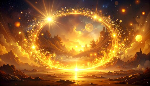 A golden, luminous celestial ring encircles a serene, fantastical landscape, bathed in warm, radiant light.