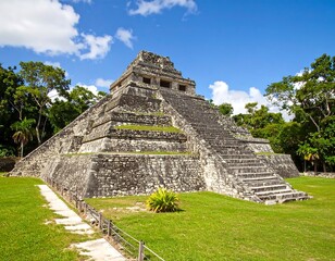 Ancient pyramid in tropical landscape