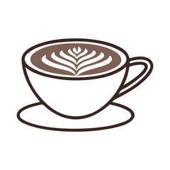 Stylized illustration of a white coffee cup with latte art on a saucer against a black background