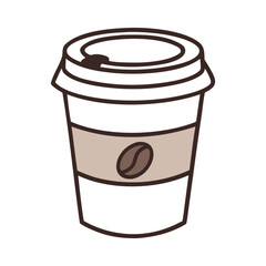 Simple illustration of a white disposable coffee cup with a brown lid and a coffee bean logo on a neutral background